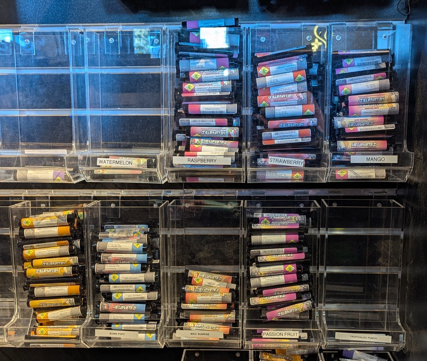 Standard acrylic slatwall display holding 10 products across 8 rows